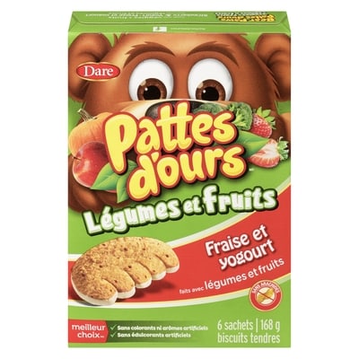 Dare Biscuits Pattes d’ours Légumes et fruits Fraise et yogourt 168 g, 2,55 $/100g