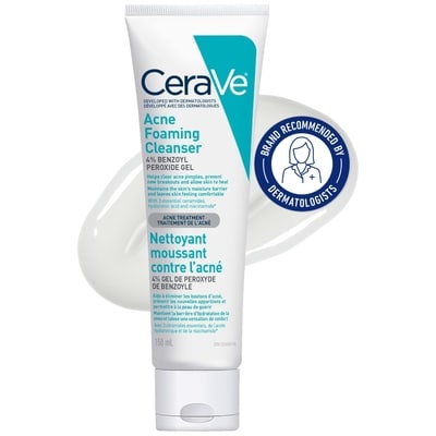 CeraVe Nettoyant moussant contre l'acné avec 4 % de peroxyde de benzoyle 150 ml, 16,66 $/100ml