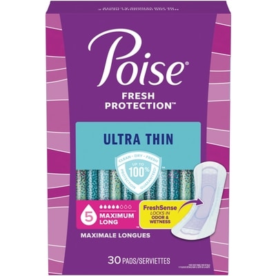 Poise Serviettes d’incontinence ultraminces pour femmes, degré d’absorption 5, absorption maximale, longueur longue, 60 unités 60 ea, 0,52 $/1ch