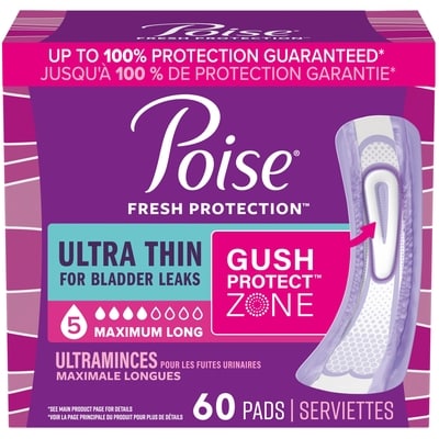 Poise Serviettes ultraminces d’incontinence et d’incontinence en période post-partum pour fuites urinaires, degré d’absorption maximal à 5 gouttes, version longue, 60 unités 60 ea, 0,60 $/1ch