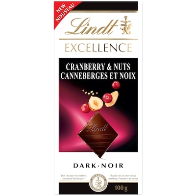 Lindt Chocolat noir EXCELLENCE avec canneberges et noix – Barre 100 g, 5,99 $/100g