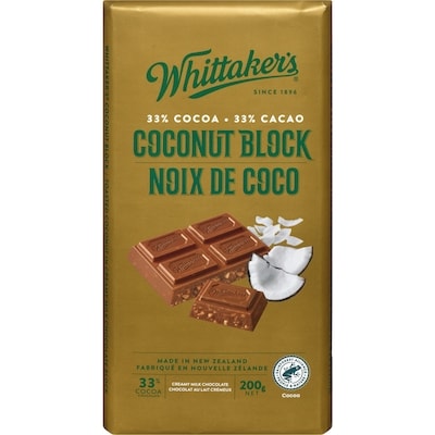 Whittaker’s Chocolat au lait crémeux noix de coco 200 g, 3,50 $/100g