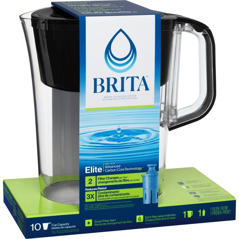 Large 10 Cup Water Filter Pitcher with 1 Elite™ Filter, Made Without BPA, Tahoe, Black