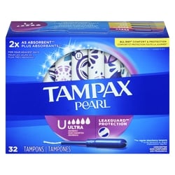 Pearl Tampons, with LeakGuard Braid, Ultra Absorbency, Unscented, 32 Count.
