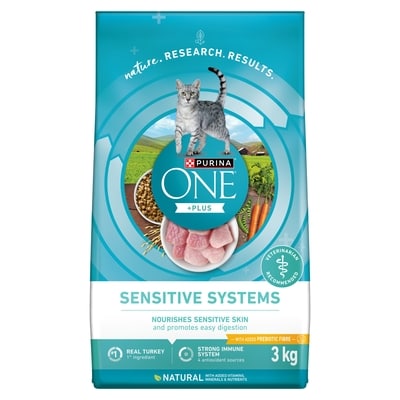 Purina ONE +Plus Dry Cat Food Sensitive Systems Turkey 3 kg, $0.77/100g