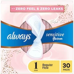 Sensitive FlexFoam Pads for Women, Size 1, Regular Flow Absorbency, Unscented with Wings, 30 ct.