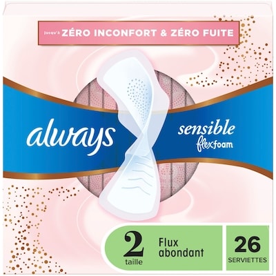 Always Serviettes Sensitive FlexFoam pour femmes, taille 2, degré d’absorption pour flux abondant, non parfumées avec ailes, 26 serviettes 26 ea, 0,50 $/1ch