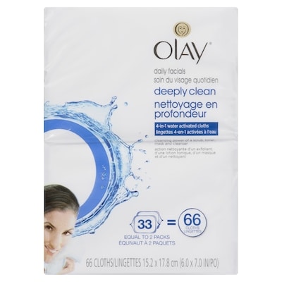 Olay Lingettes 4-en-1 activées à l'eau nettoyage en profondeur 66 ea, 0,24 $/1ch