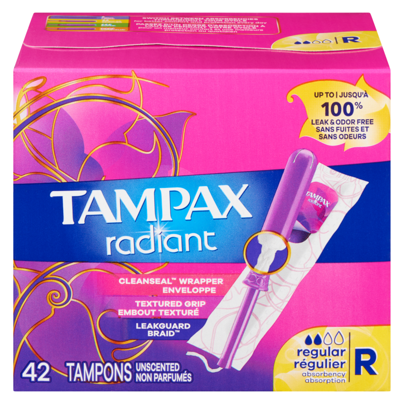 Radiant Tampons Regular Absorbency with BPA-Free Plastic Applicator and LeakGuard Braid, Unscented, 42 Count