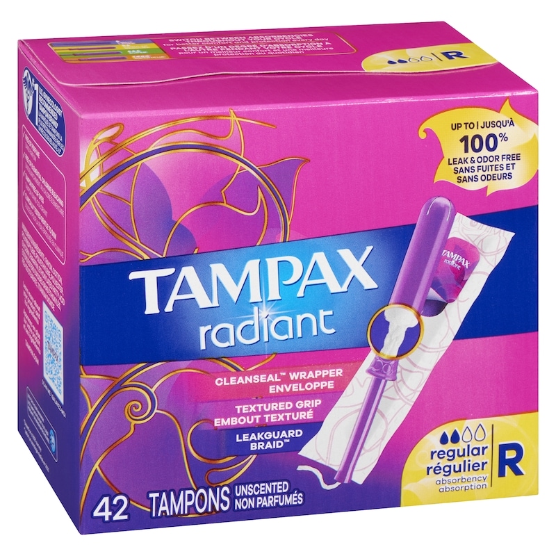 Radiant Tampons Regular Absorbency with BPA-Free Plastic Applicator and LeakGuard Braid, Unscented, 42 Count