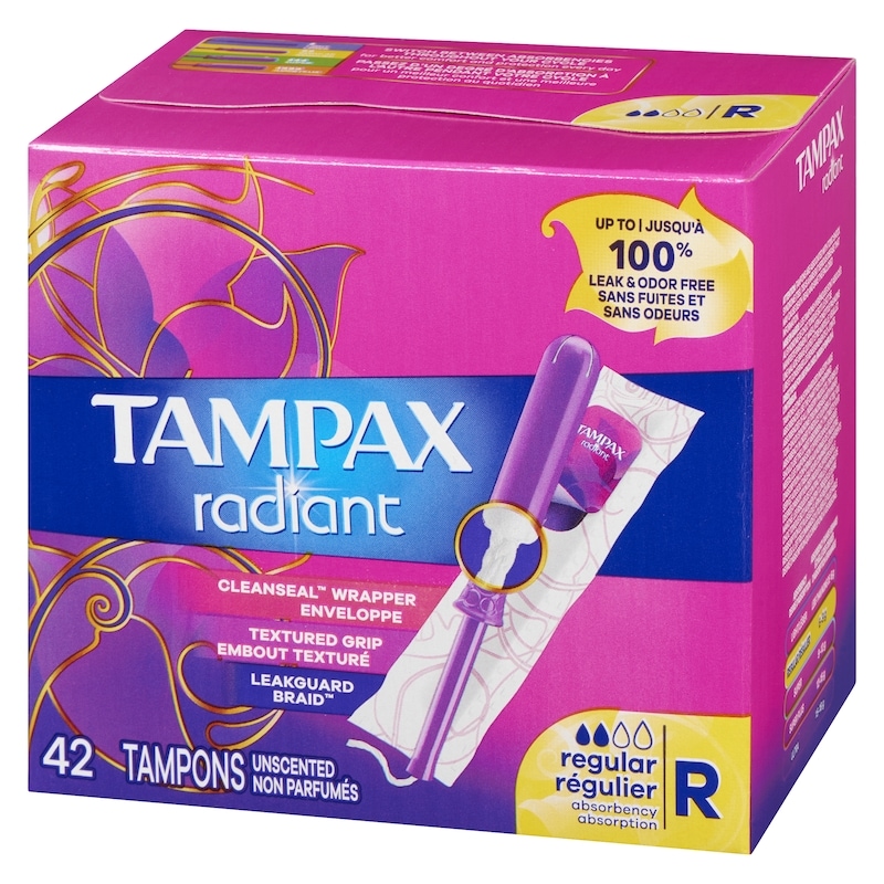 Radiant Tampons Regular Absorbency with BPA-Free Plastic Applicator and LeakGuard Braid, Unscented, 42 Count