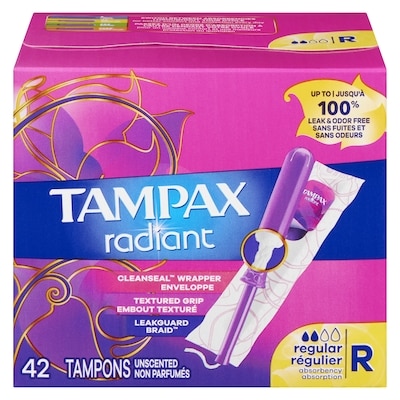 Tampax Tampons Radiant avec tresse anti-fuites LeakGuard et applicateur en plastique sans BPA, degré d’absorption régulier, non parfumés, 42 u 42 ea, 0,40 $/1ch