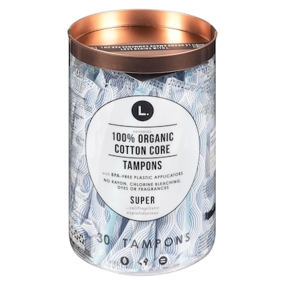 L. Cotton Tampons Super Absorbency, Free from Chlorine Bleaching, Pesticides, Fragrances, or Dyes, 30 Count 30 ea, $0.48/1ea