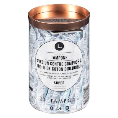 L. Tampons en coton sans blanchiment au chlore, pesticides, parfums, ni colorants, degré d’absorption super, 30 tampons 30 ea, 0,48 $/1ch