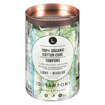 L. Cotton Tampons Light/Regular Absorbency Multipack, Free from Chlorine Bleaching, Pesticides, Fragrances, or Dyes, 30 Count 30 ea, $0.45/1ea