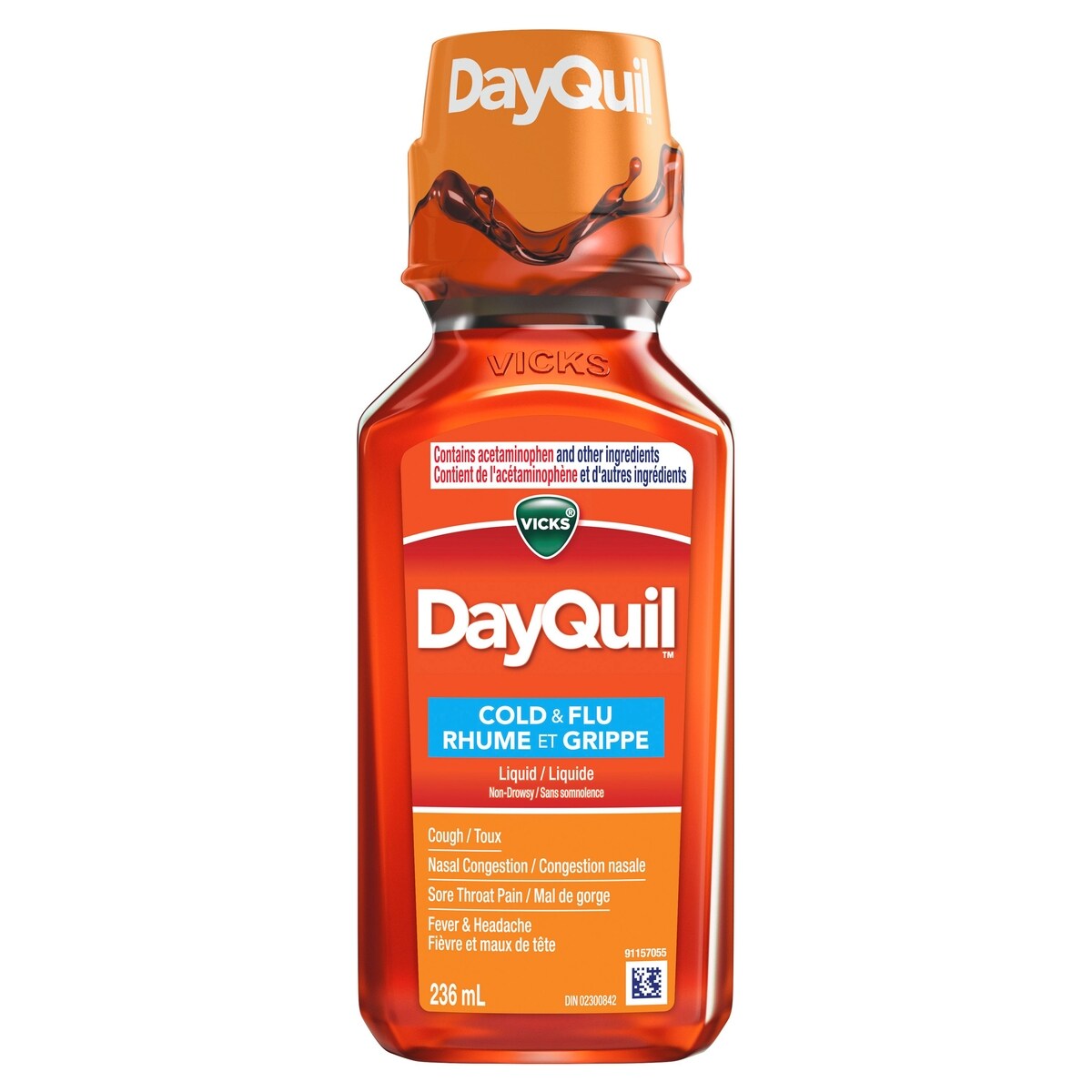 Vicks DayQuil rhume, grippe, congestion, sans somnolence, maux tête, fièvre, mal gorge, courbatures, douleurs mineures, tête lourde, toux, 236 ml, 5,08 $/100ml