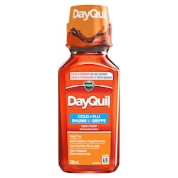 Vicks DayQuil rhume, grippe, congestion, sans somnolence, maux tête, fièvre, mal gorge, courbatures, douleurs mineures, tête lourde, toux, 236 ml, 5,29 $/100ml