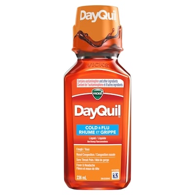 Vicks DayQuil rhume, grippe, congestion, sans somnolence, maux tête, fièvre, mal gorge, courbatures, douleurs mineures, tête lourde, toux, 236 ml, 5,08 $/100ml