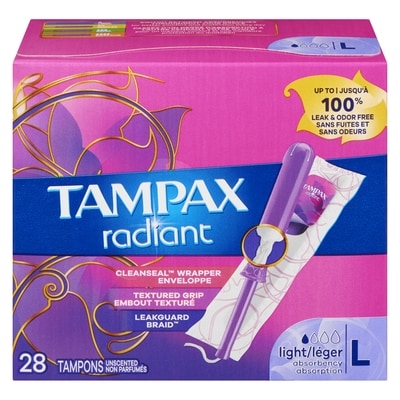 Tampax Radiant Tampons Light Absorbency with BPA-Free Plastic Applicator and LeakGuard Braid, Unscented, 28 Count 28 ea, $0.46/1ea