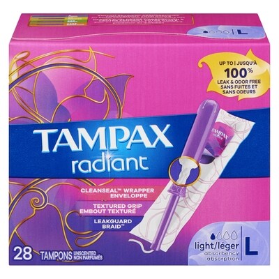 Tampax Tampons Radiant avec tresse anti-fuites LeakGuard et applicateur en plastique sans BPA, léger, non parfumés, 28 tampons 28 ea, 0,46 $/1ch
