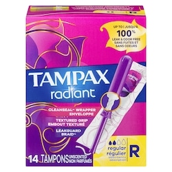 Radiant Tampons Regular Absorbency with BPA-Free Plastic Applicator and LeakGuard Braid, Unscented, 14 Count