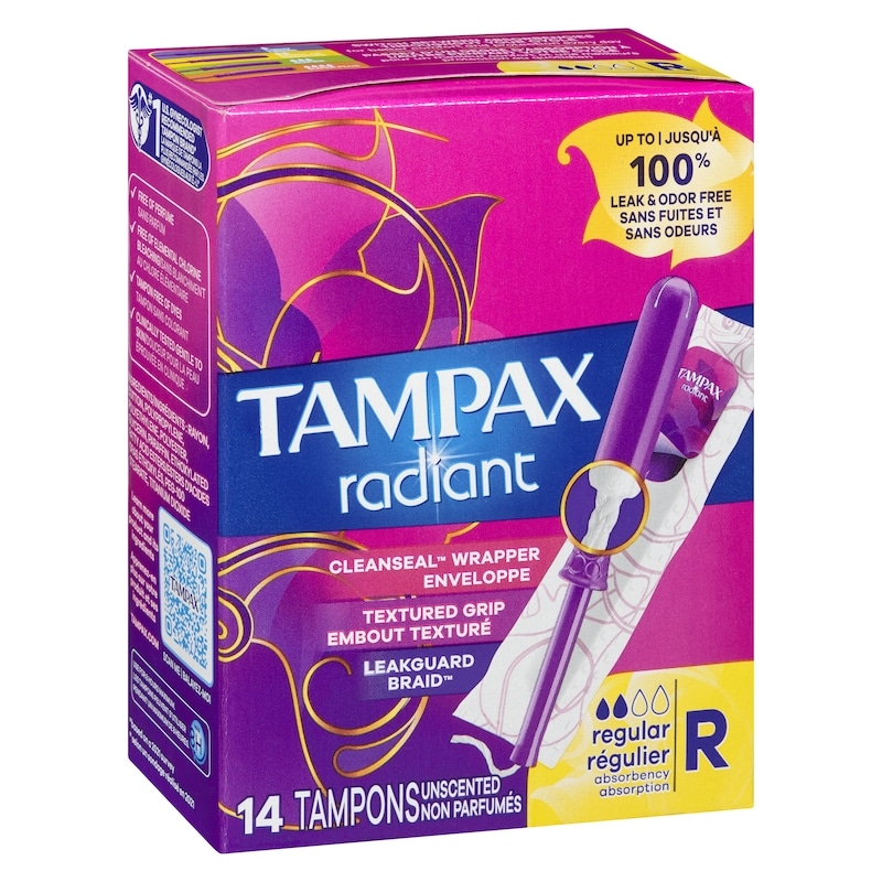 Radiant Tampons Regular Absorbency with BPA-Free Plastic Applicator and LeakGuard Braid, Unscented, 14 Count