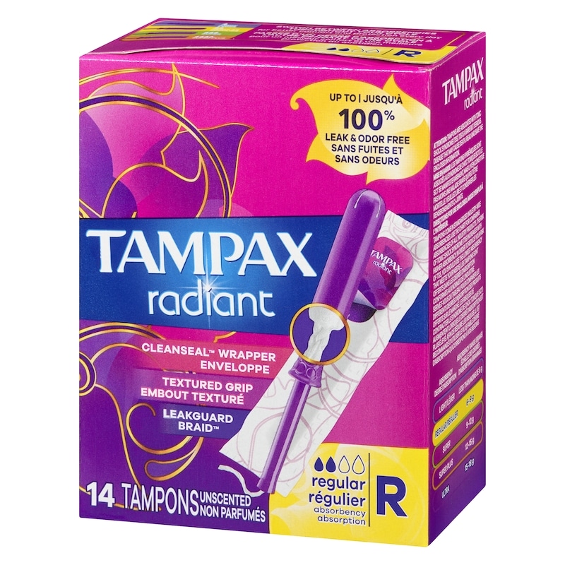 Radiant Tampons Regular Absorbency with BPA-Free Plastic Applicator and LeakGuard Braid, Unscented, 14 Count