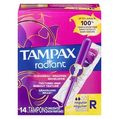 Tampax Tampons Radiant avec tresse anti-fuites LeakGuard et applicateur en plastique sans BPA, degré d’absorption régulier, non parfumés, 14 tampons 14 ea, 0,50 $/1ch