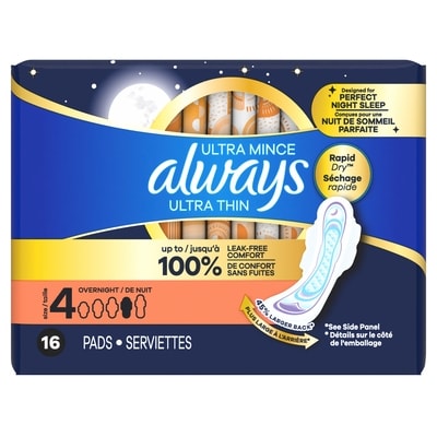 Always Ultra Thin Overnight Pads with Flexi-Wings, Size 4, Overnight, Unscented, 16 Count 16 ea, $0.41/1ea