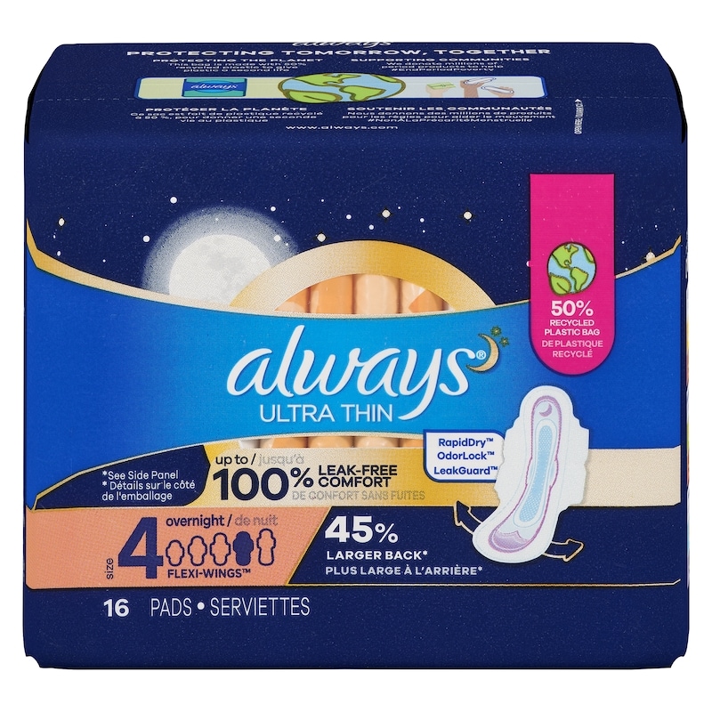Ultra Thin Overnight Pads with Flexi-Wings, Size 4, Overnight, Unscented, 16 Count