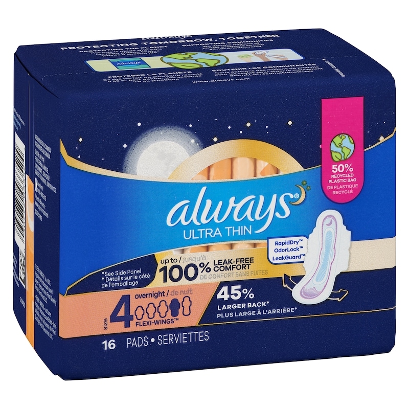 Ultra Thin Overnight Pads with Flexi-Wings, Size 4, Overnight, Unscented, 16 Count