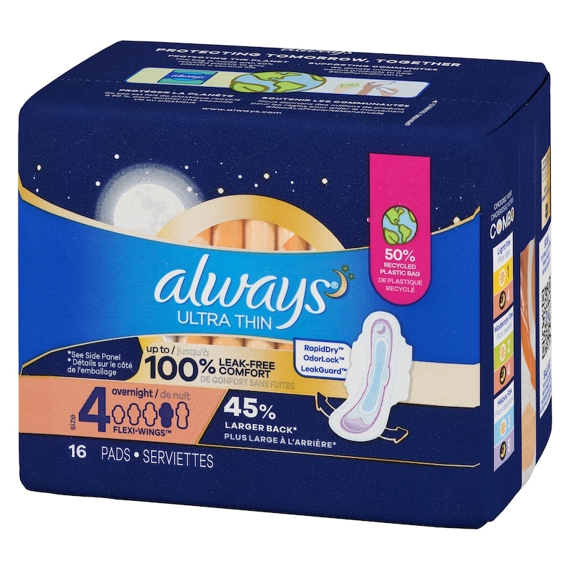 Ultra Thin Overnight Pads with Flexi-Wings, Size 4, Overnight, Unscented, 16 Count
