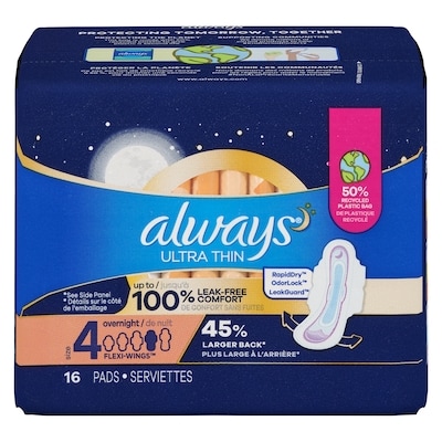 Always Serviettes Ultra Thin, de nuit, avec ailes Flexi-Wings, taille 4, non parfumées, 16 serviettes 16 ea, 0,41 $/1ch
