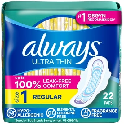 Always Ultra Thin Feminine Pads with Wings for Women, Size 1, Regular Absorbency, Unscented, 22 Count 22 ea, $0.32/1ea
