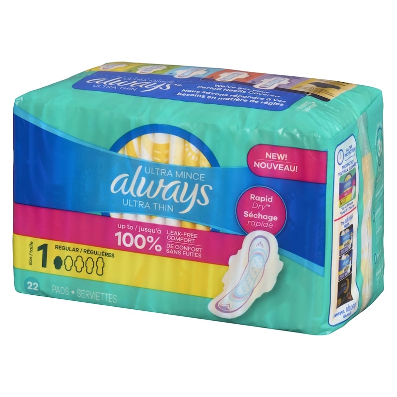 Ultra Thin Feminine Pads with Wings for Women, Size 1, Regular Absorbency, Unscented, 22 Count