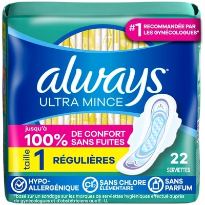Always Serviettes féminines Ultra Thin, degré d’absorption régulier, avec ailes, pour femmes, taille 1, non parfumées, 22 serviettes 22 ea, 0,27 $/1ch
