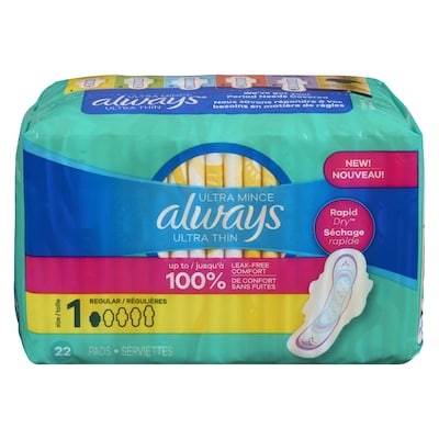 Always Serviettes féminines Ultra Thin, degré d’absorption régulier, avec ailes, pour femmes, taille 1, non parfumées, 22 serviettes 22 ea, 0,32 $/1ch