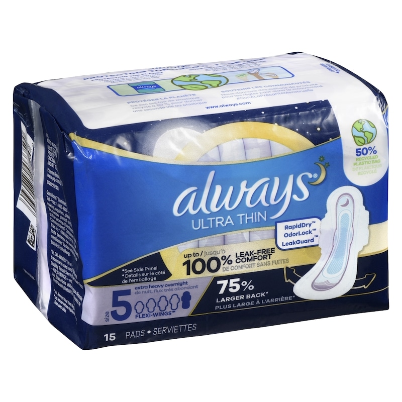 Ultra Thin Overnight Pads with Flexi-Wings, Size 5, Extra Heavy Overnight, Unscented, 15 Count