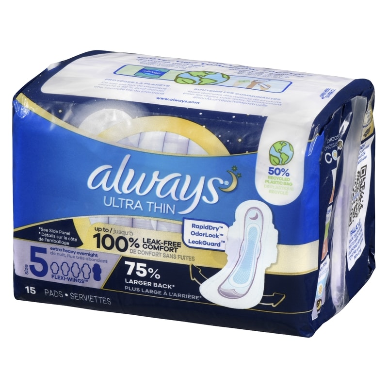 Ultra Thin Overnight Pads with Flexi-Wings, Size 5, Extra Heavy Overnight, Unscented, 15 Count