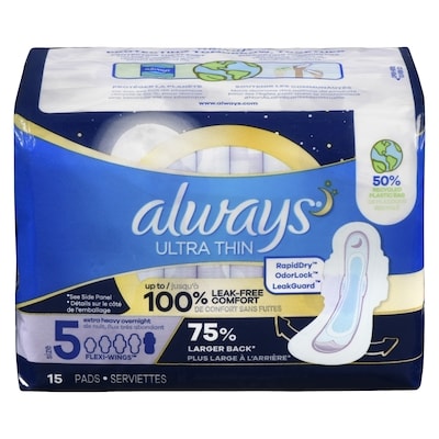 Always Serviettes Ultra Thin, de nuit, flux très abondant, avec ailes Flexi-Wings, taille 5, non parfumées, 15 serviettes 15 ea, 0,47 $/1ch