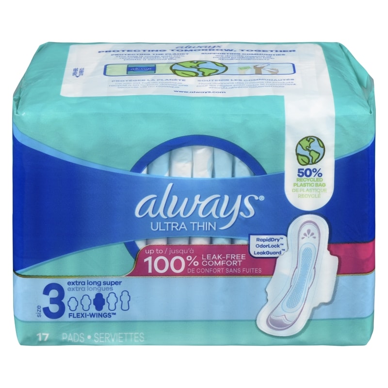 Ultra Thin Feminine Pads with Wings for Women, Size 3, Extra Long Super Absorbency, Unscented, 17 Count