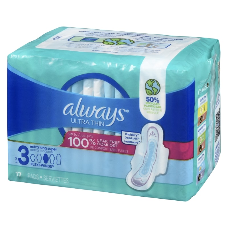 Ultra Thin Feminine Pads with Wings for Women, Size 3, Extra Long Super Absorbency, Unscented, 17 Count