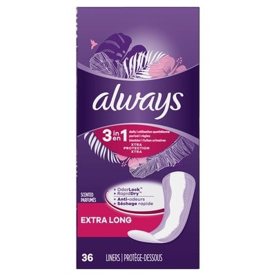 Always Protège-dessous quotidiens Xtra Protection 3 en 1 pour femmes, extra longs, parfumés, 36 protège-dessous 36 ea, 0,17 $/1ch