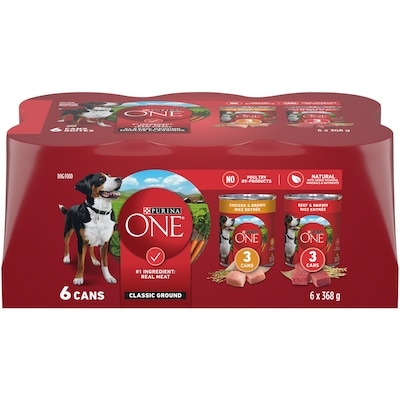 Purina ONE Moulue Classique Emballage Assorti Poulet et Boeuf, Nourriture Humide pour Chiens 6 x 368 g 2.234 kg, 0,67 $/100g