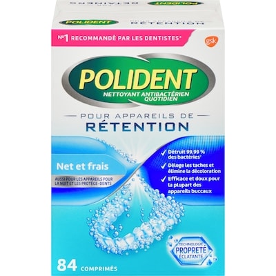 Polident Nettoyant antibactérien quotidien pour prothèses dentaires appareils de rétention fraîcheur de menthe triple 84 ea, 0,11 $/1ch