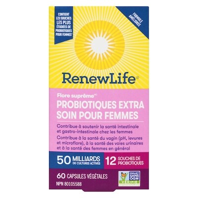 Supplément de probiotiques Flore suprêmeMC Extra soin pour femmes, 50 milliards de cultures actives, 60 capsules