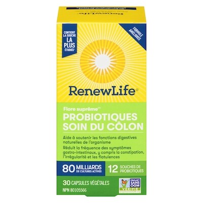 Renew Life Supplément de probiotiques Flore suprêmeMC Soin du côlon, 80 milliards de cultures actives, 30 capsules 30 ea, 2,23 $/1ch