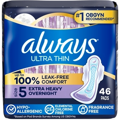 Always Ultra Thin Overnight Pads with Flexi-Wings, Size 5, Extra Heavy Overnight, Unscented, 46 Count 46 ea, $0.39/1ea