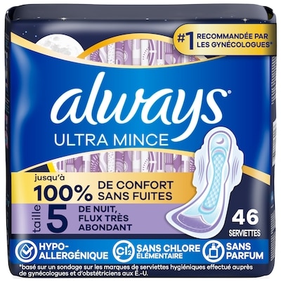 Always Serviettes Ultra Thin, de nuit, flux très abondant, avec ailes Flexi-Wings, taille 5, non parfumées, 46 serviettes 46 ea, 0,37 $/1ch