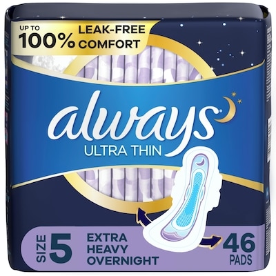Always Serviettes Ultra Thin, de nuit, flux très abondant, avec ailes Flexi-Wings, taille 5, non parfumées, 46 serviettes 46 ea, 0,37 $/1ch